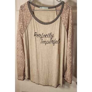 Maurices Perfectly Imperfect Graphic Top XL Lace Raglan Long Sleeve Tan